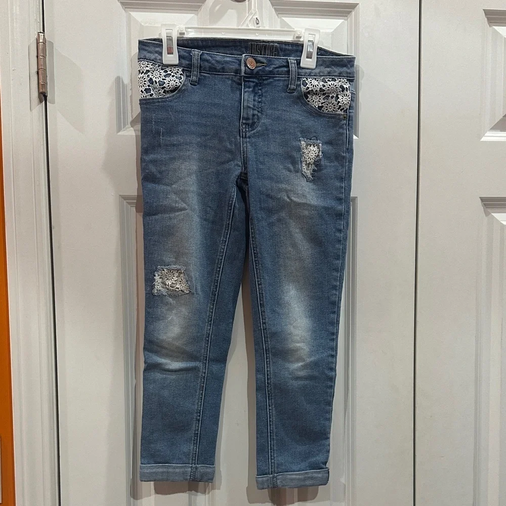 Justice Kids Blue Jeans with White Lace Pockets